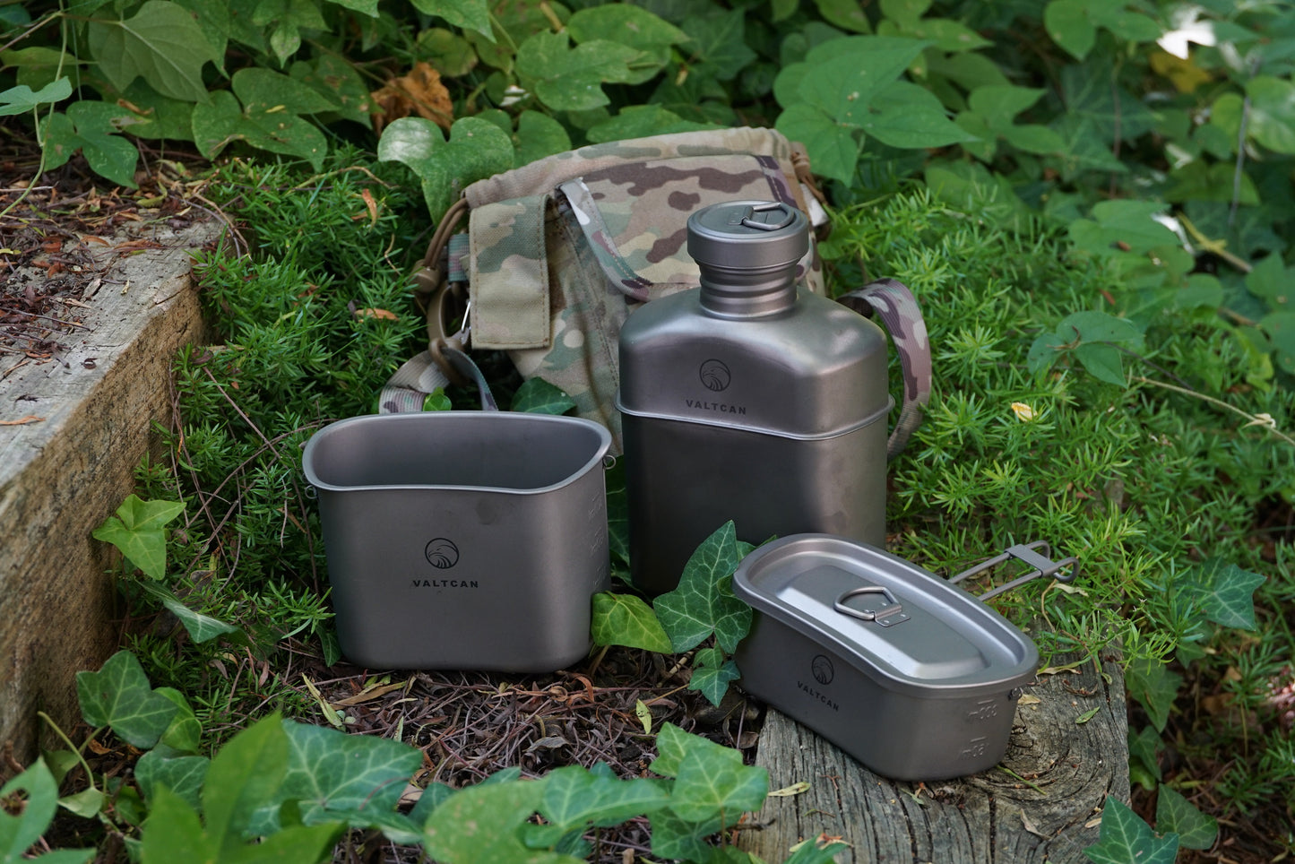 Valtcan Titanium EndurePro Canteen with Mess kit Water Bottle Set Hydrate for Survival 1.1L, 750ml, 400ml Lunchbox cup with lid and Carrying Case 350g