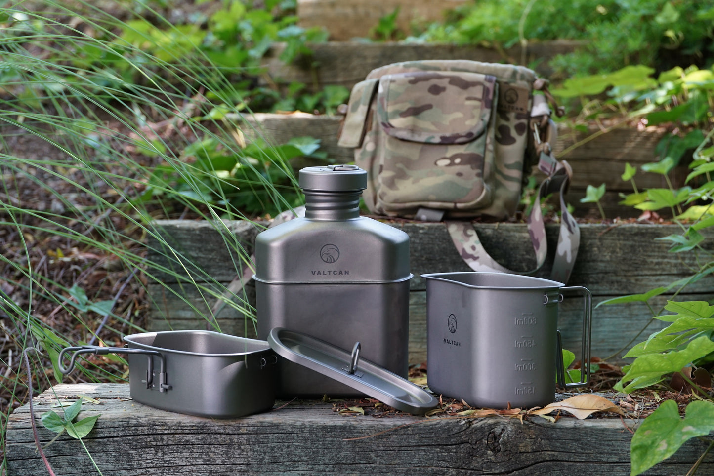 Valtcan Titanium EndurePro Canteen with Mess kit Water Bottle Set Hydrate for Survival 1.1L, 750ml, 400ml Lunchbox cup with lid and Carrying Case 350g